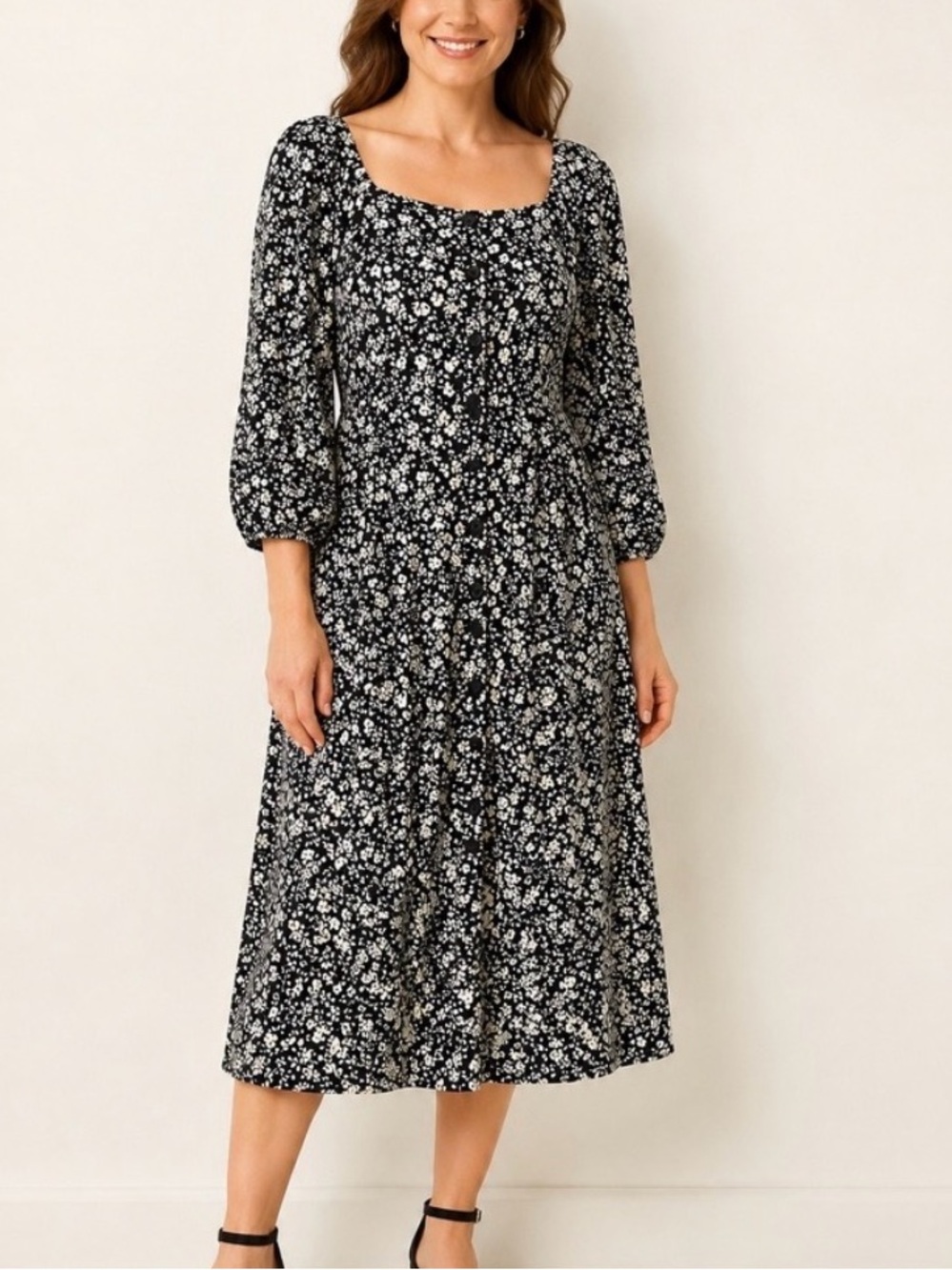J.Jill Black & White Ditsy Floral Print Button-Front Midi Dress, Size M